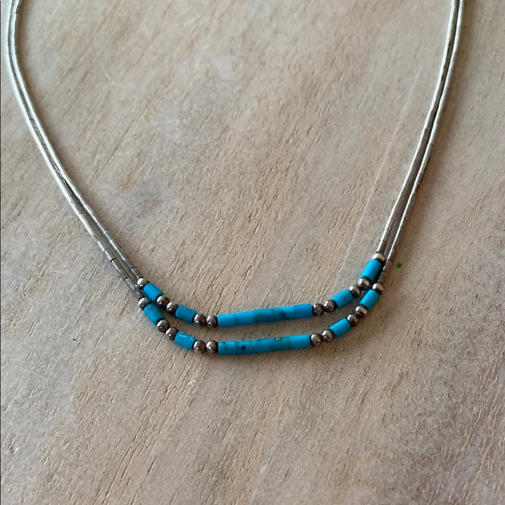 Vintage Sterling Turquoise Liquid Silver Double Strand Necklace
